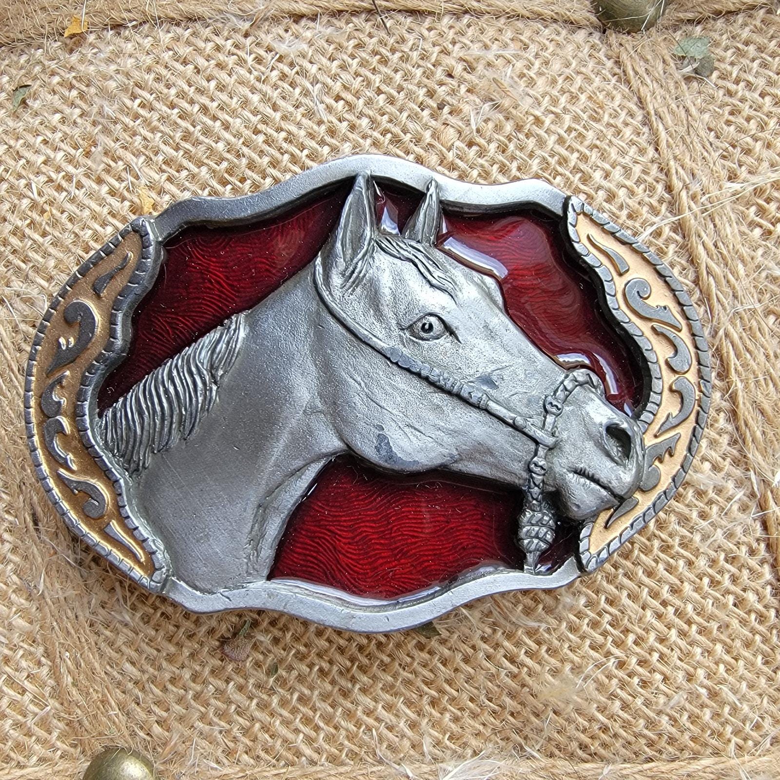 Amazing Vintage Large Heavy Bronze Cast Horse Head Belt Buckle? Western Vintage Belt Buckle Porcelain Horse Heads Goldtone  main image 3
