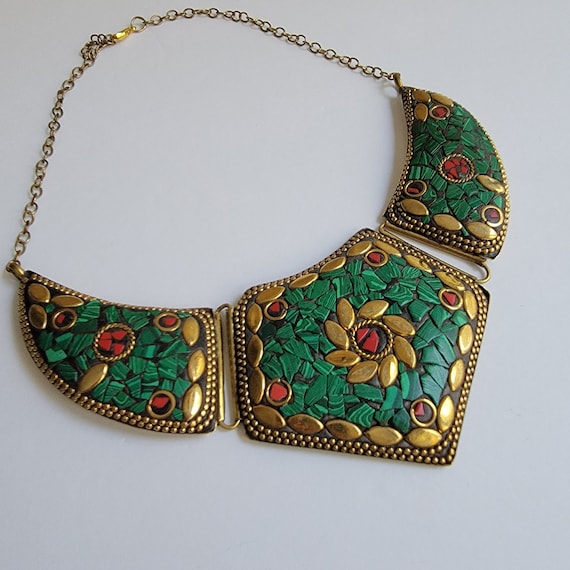 Malachite Mosaic Bib Necklace - Golden Color