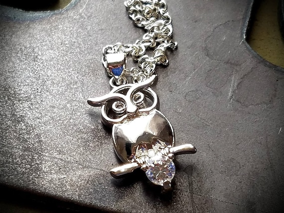 Sterling Silver Owl Pendant Necklace with Simulat… - image 1