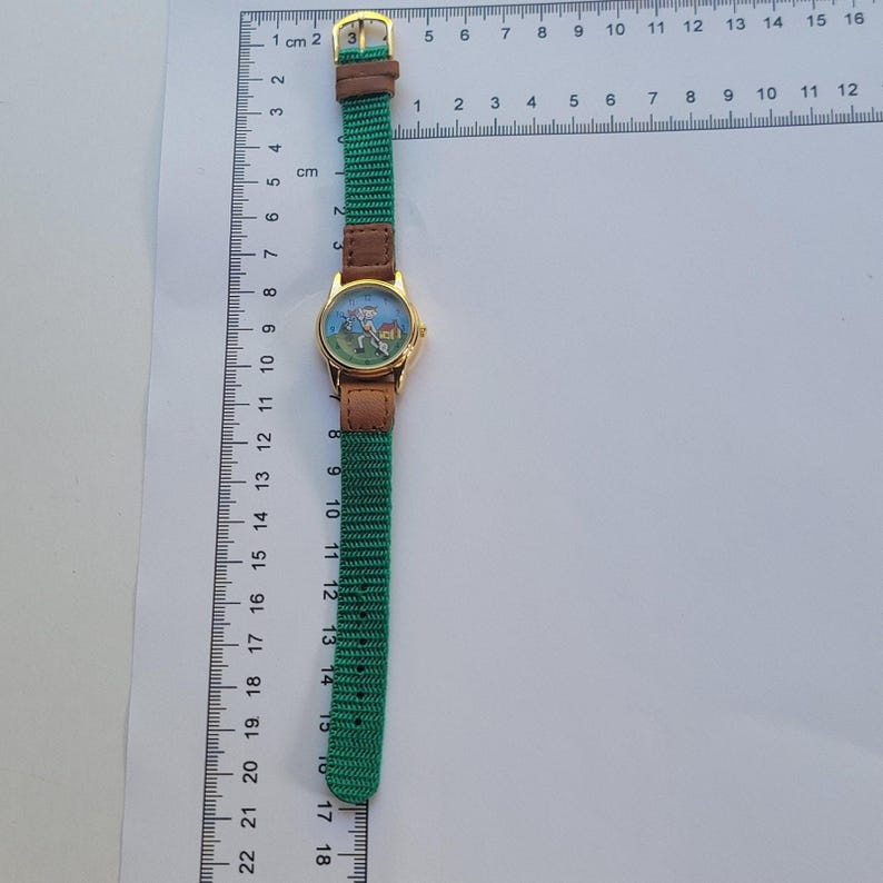 On Time Boys Watch Cartoon Dial Gold Tone Green Nylon Brown Leather Quartz Movt image 9