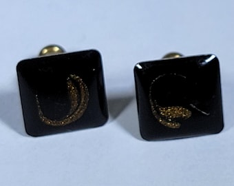Vintage Black Square Stud Earrings – Gold Swirl Accent, Minimalist Design