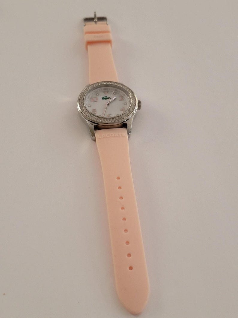 Lacoste Womens Watch White Dial Silver Tone Crystal Bezel Pink Silicone Quartz image 2