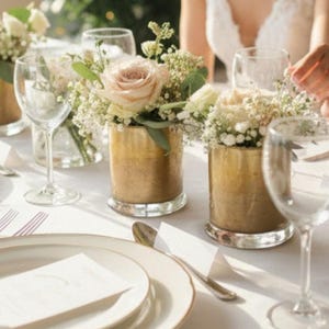 Puede incluir: Una mesa decorada con centros de mesa florales en jarrones dorados. Los arreglos presentan rosas y pequeñas flores blancas. Copas de vino y platos también están sobre la mesa.