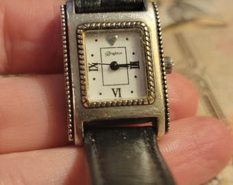 Brighton Jefferson Rectangular Watch Vintage Silver Case & Leather Band