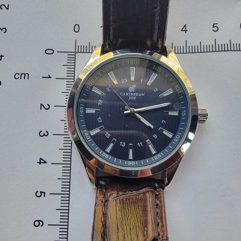 Caribbean Joe Mens Watch Blue Dial Silver Tone Case Brown Leather Strap Box image 10