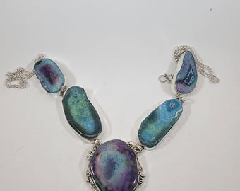 Handmade Agate Necklace in Sterling Silver Multi-Color Geode Gemstone Jewelry