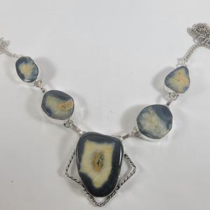 Artisan Blue Lace Agate Necklace Sterling Silver Gemstone Jewelry Unique Design