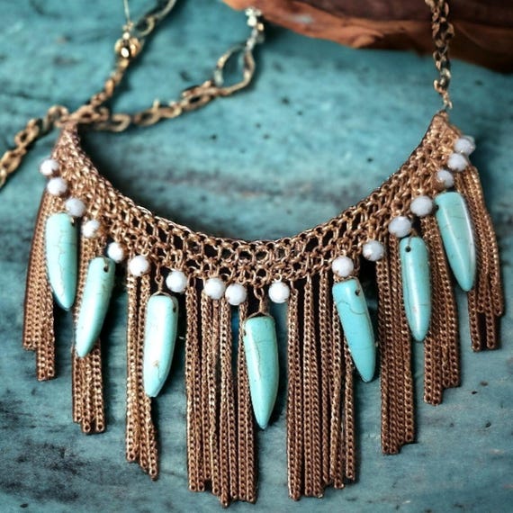 Vintage 1980s Howlite Tassel Necklace, Boho Chic Gold-tone Jewelry