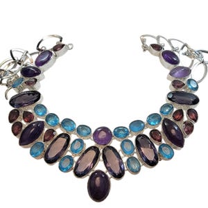 Handcrafted Sterling Silver Necklace with Amethyst and Blue Topaz Gem Accents