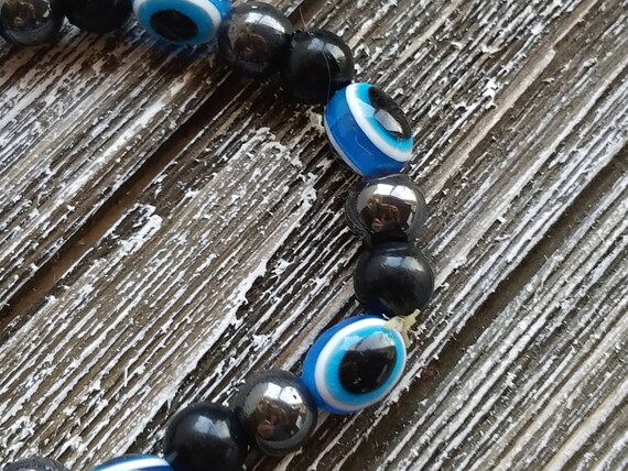 Vintage Black and Blue Glass Bead Bangle Bracelet… - image 3