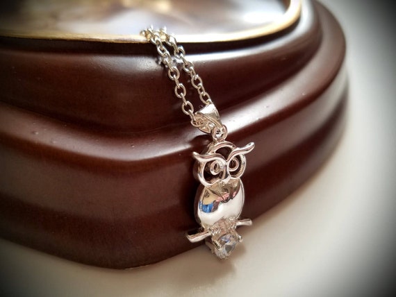 Sterling Silver Owl Pendant Necklace with Simulat… - image 9