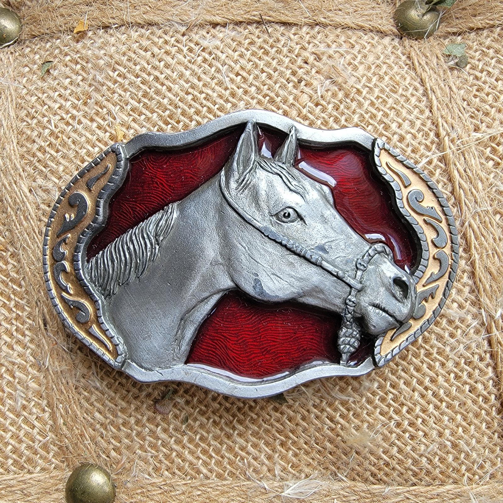 Vintage Horse Belt Buckle Buckles of America Red Enamel USA  display picture 3
