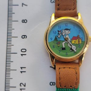 On Time Boys Watch Cartoon Dial Gold Tone Green Nylon Brown Leather Quartz Movt image 10