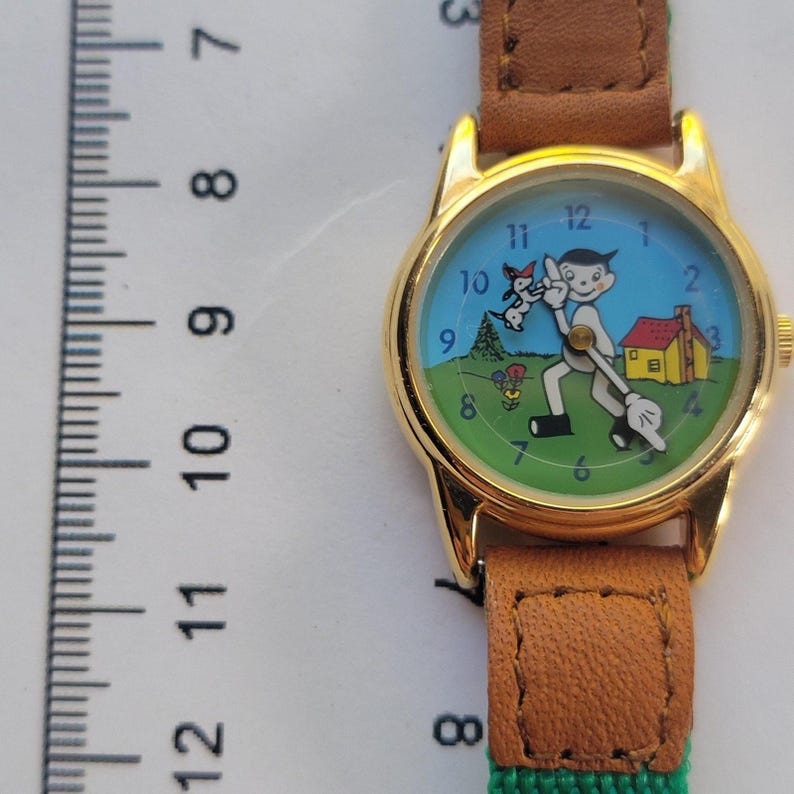 On Time Boys Watch Cartoon Dial Gold Tone Green Nylon Brown Leather Quartz Movt image 10