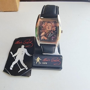Elvis Presley Mens Watch Multicolor Dial Silver Tone Black Leather Quartz EPE image 3