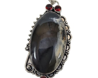 Handmade Silver Pendant with Dendritic Agate and Red Garnets in Bezel Setting
