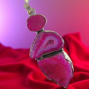 Pink Agate Geode Pendant Sterling Silver Natural Triple Stone Druzy Slice 2.75 Inch Statement Necklace with 20 Inch Chain Included