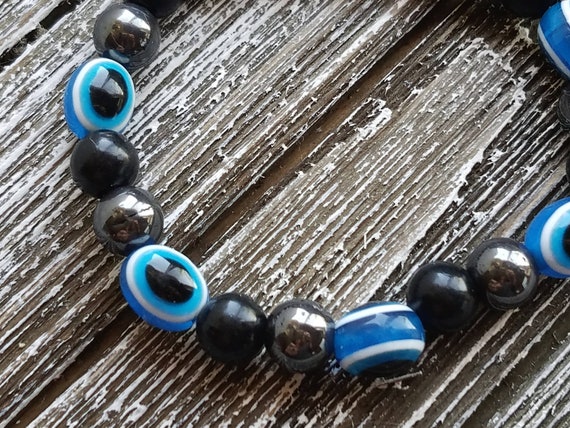Vintage Black and Blue Glass Bead Bangle Bracelet… - image 4