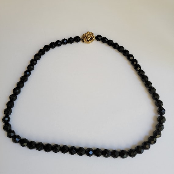 Vintage Black Bead Necklace - Gold Rose Clasp