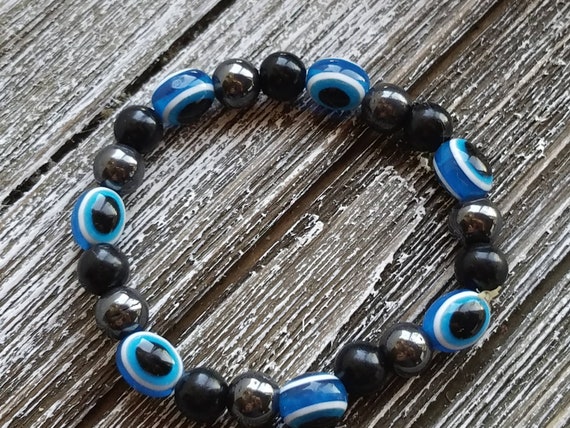 Vintage Black and Blue Glass Bead Bangle Bracelet… - image 5