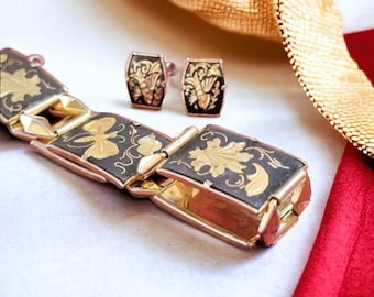 Vintage Amita Japan damasten armband en oorbellen - prachtig gemengd metaal inlegwerk