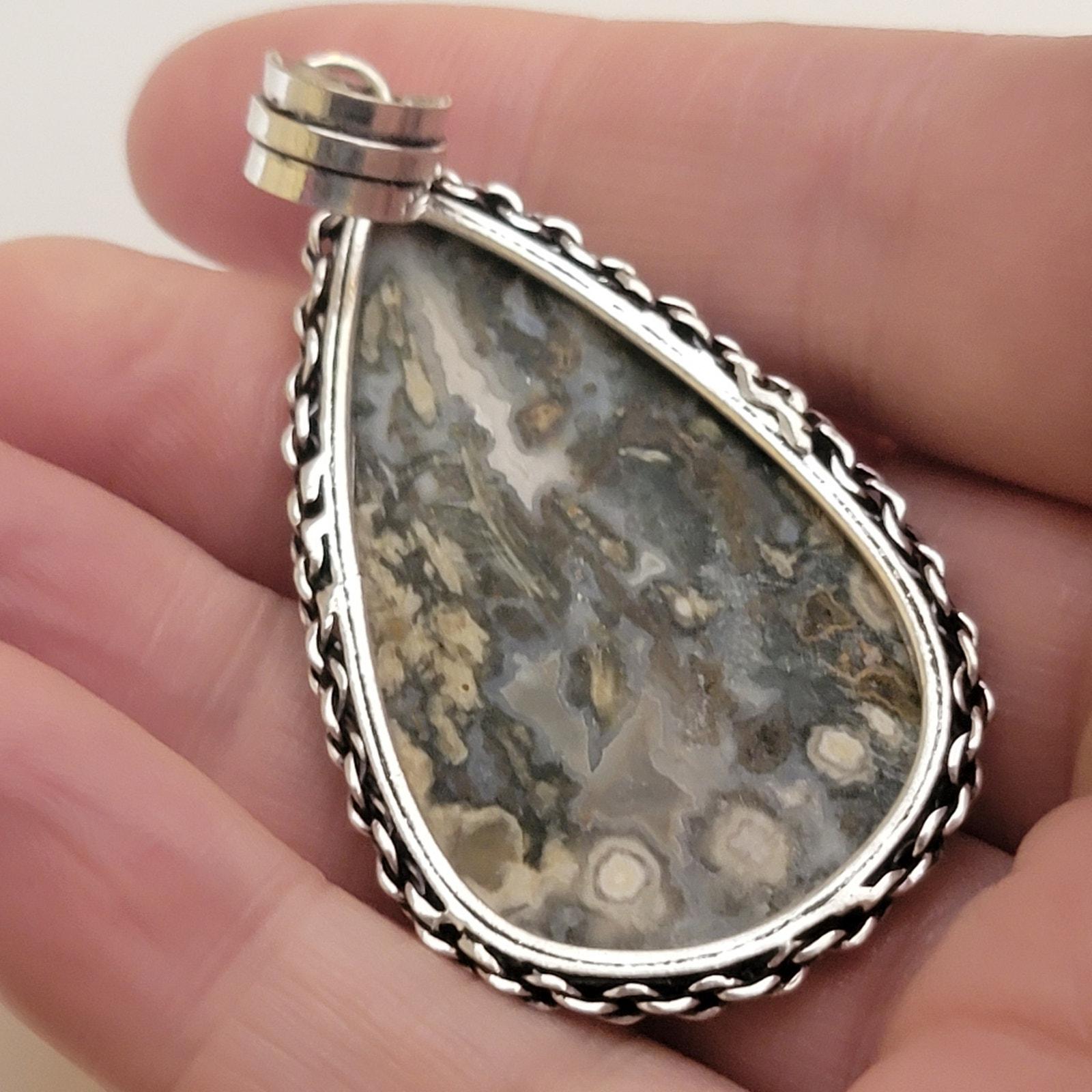Pendentif Argent 925 Avec Jaspe Océan Naturel - Fait Main USA - Longueur 2,5 Pouces