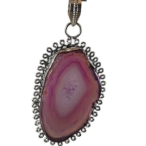 Raw Agate Pendant Necklace – Pink Crystal Slice in Sterling Silver + 20&quot; Chain