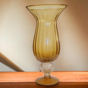 Vintage Murano Glass Vase | Italian Art Glass with Bubbled Stem, Golden Amber, 18-Inch Tall Decorative Vase, Luxury Home Decor