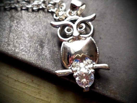 Sterling Silver Owl Pendant Necklace with Simulat… - image 2