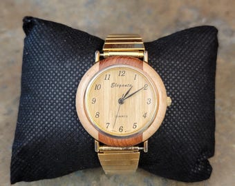 Vintage Watches Eleganta Wood Grain Quartz Watch Japan Movt Gold Band 90s