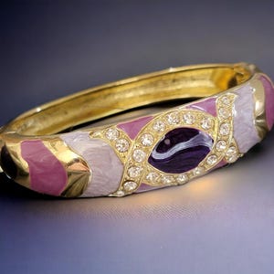 Vintage Bracelet 1980s Gold Tone Hinge with Rhinestones and Purple Enamel
