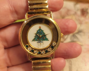 Vintage horloges TMZ kerstboomhorloge gouden stretchband Japan quartz vakantie