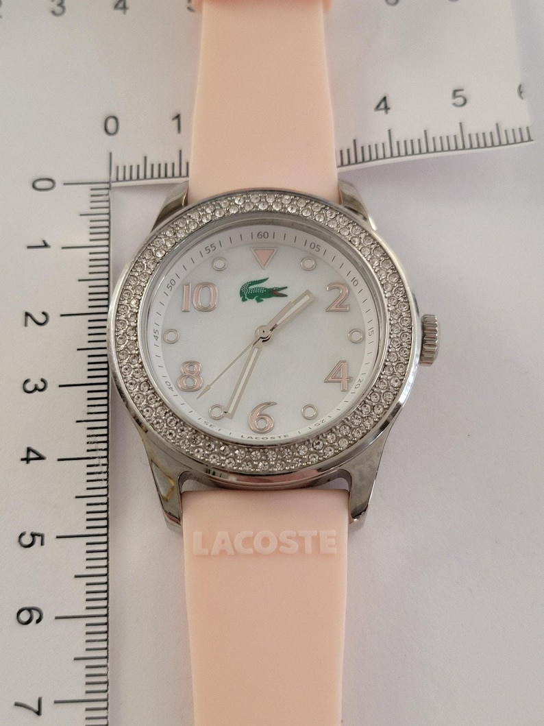 Lacoste Womens Watch White Dial Silver Tone Crystal Bezel Pink Silicone Quartz image 6