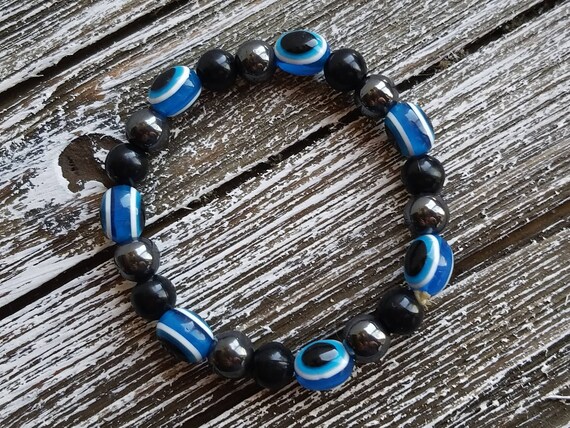 Vintage Black and Blue Glass Bead Bangle Bracelet… - image 8
