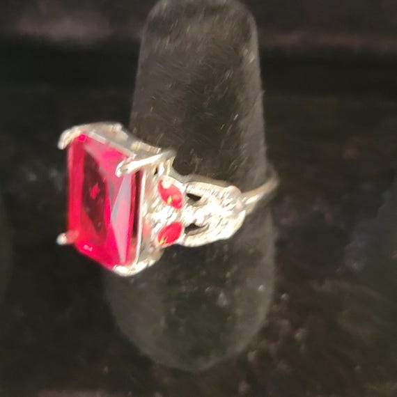Vintage Silver Ring 925 Red CZ Square Statement Ring With
