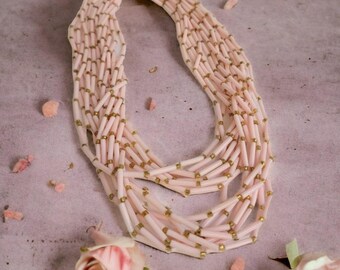 Collar de cuentas multihebra rosa de los años 60, joyería vintage de Hong Kong, con espaciadores dorados