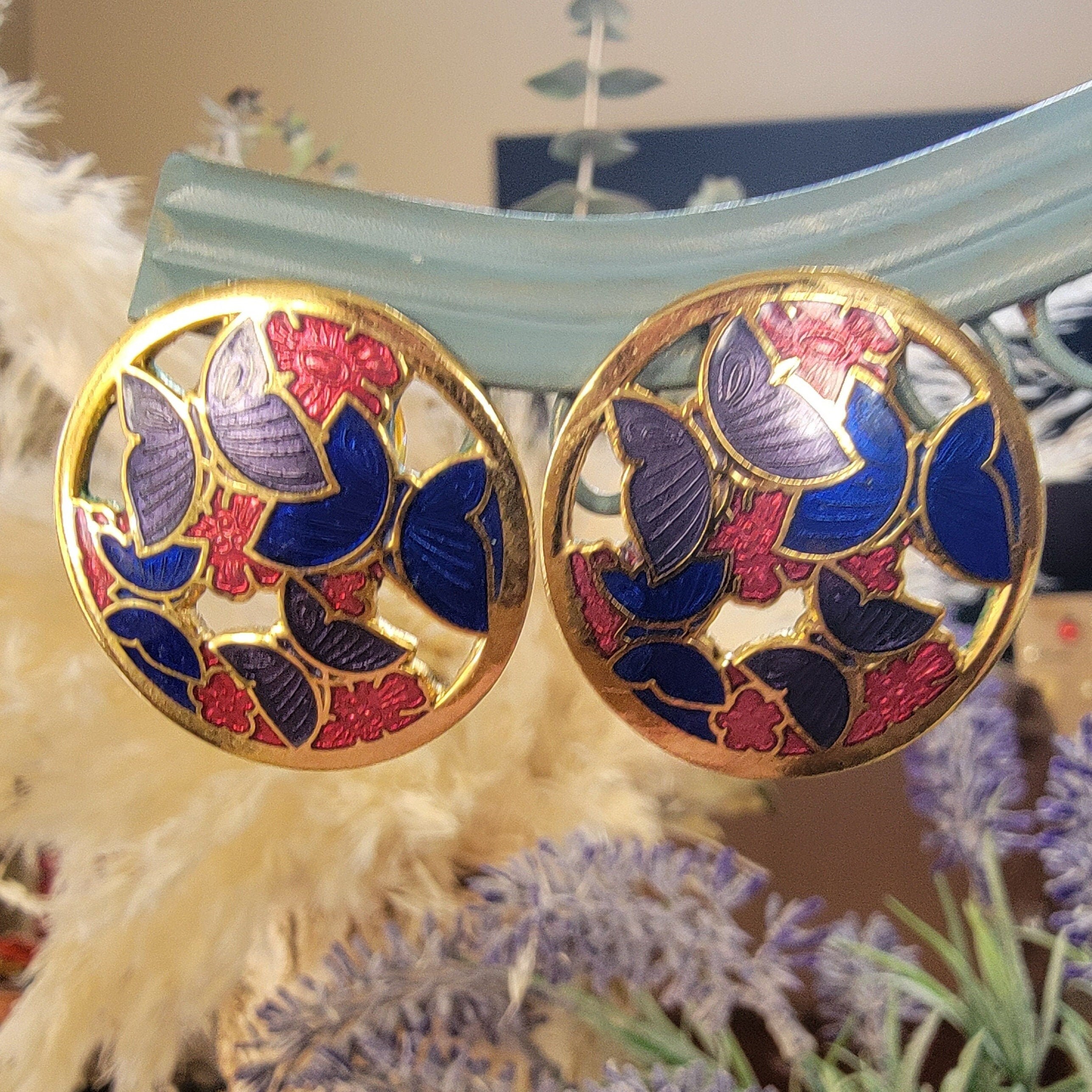 Boucles D'oreilles Clips Vintage Années 80 – Émail Cloisonné Floral Multicolore – Occasion, Style Rétro