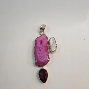 Handmade Pink Agate Pendant with Freshwater Pearl and Sterling Silver Setting