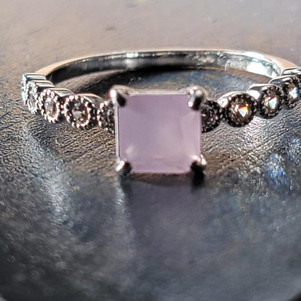 Elegant Rhodium-Plated Size 9 Ring with Square-Cut Pale Pink Gemstone