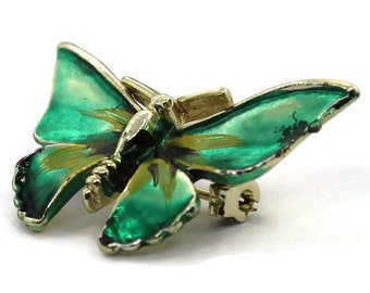Vintage Goldtone Butterfly Brooch: Green Painted Metal Pin
