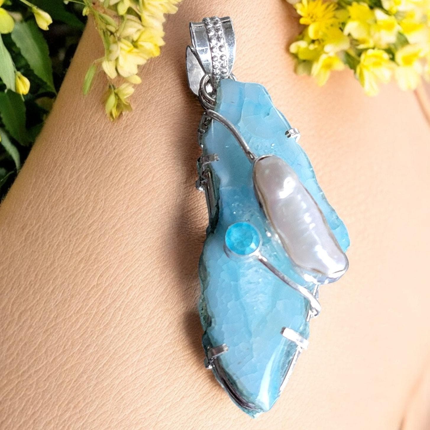 Natural Blue Quartz Pendant With Pearl, Bluer Topaz & Sterling