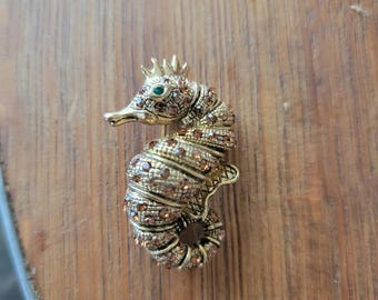 Brooch Women Vintage Pin Gold Tone Seahorse Brown Rhinestone Retro Brooch
