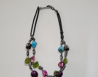 Colorful Beaded Statement Necklace Chain Links Multicolor Bold Fashion Jewelry