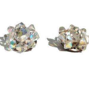Vintage Germany Aurora Borealis Crystal Clip On Earrings