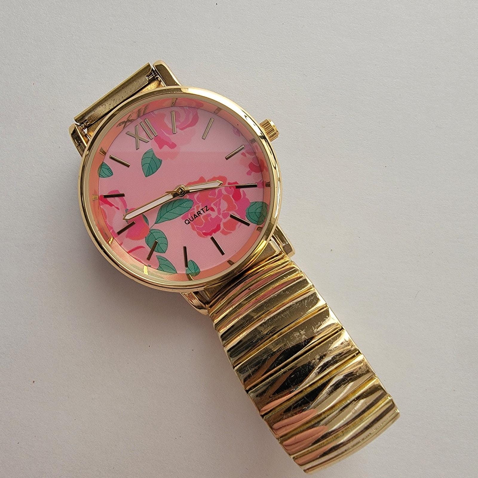 Women\'s Pink Analog Quartz Light Simple Floral Bracelet Diamond Luxury Watch Ladies Date Pink Diamond Dial Wrist Watch Round Face Golden  main image 3