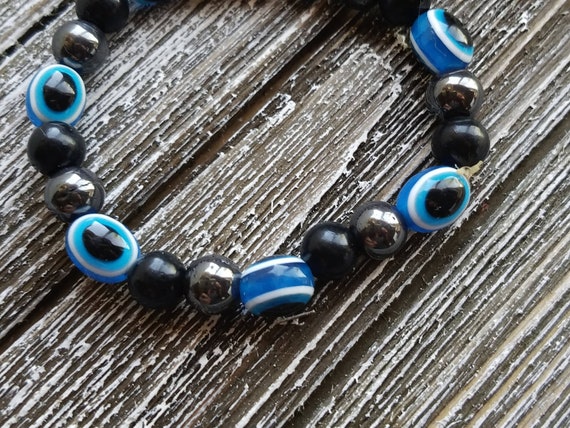 Vintage Black and Blue Glass Bead Bangle Bracelet… - image 2