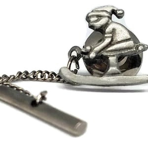 Vintage Ski Theme Silver Tie Tack with Chain, Vintage Men&#39;s Accesories