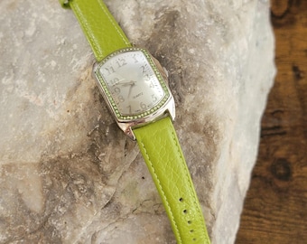 Vintage Watches Green Crystal Bezel Lime Strap Tonneau Quartz Japan Movement