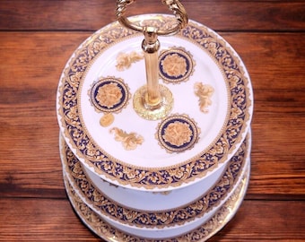 Vintage Limoges Porcelain Tiered Serving Tray: 24K Gold, Made in Italy, 1969