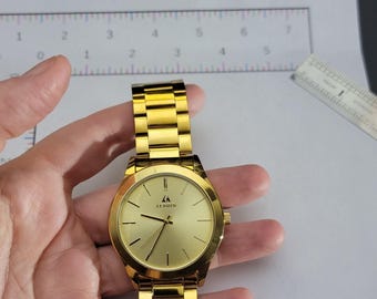 LENQIN Mens Watch 44mm Gold Case Gold Dial Stainless Steel Bracelet Quartz